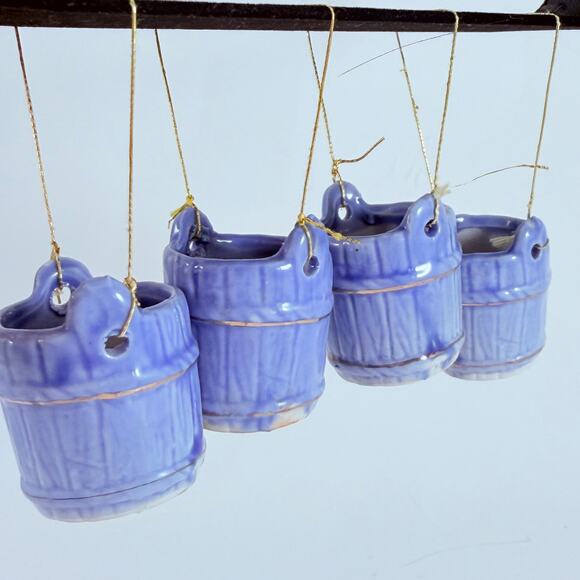 Vintage Blue Ceramic Bucket Ornaments Set of 4 – Mini 1" Hanging Pails - Picture 4 of 8